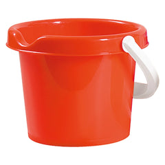 Orange beach bucket with a sturdy white handle, ideal for sand play.