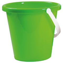 Green Androni beach bucket with a white handle, perfect for outdoor play and sandcastle building.
