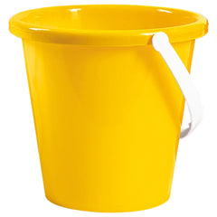 Yellow plastic beach bucket with a white handle, ideal for sandcastle building.