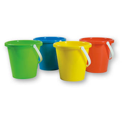 Four colorful Androni 17cm beach buckets in green, blue, yellow, and orange with white handles on a plain background.