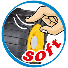 Soft rubber wheel of Androni Concrete Mixer Truck being pressed by a hand, highlighting flexibility.