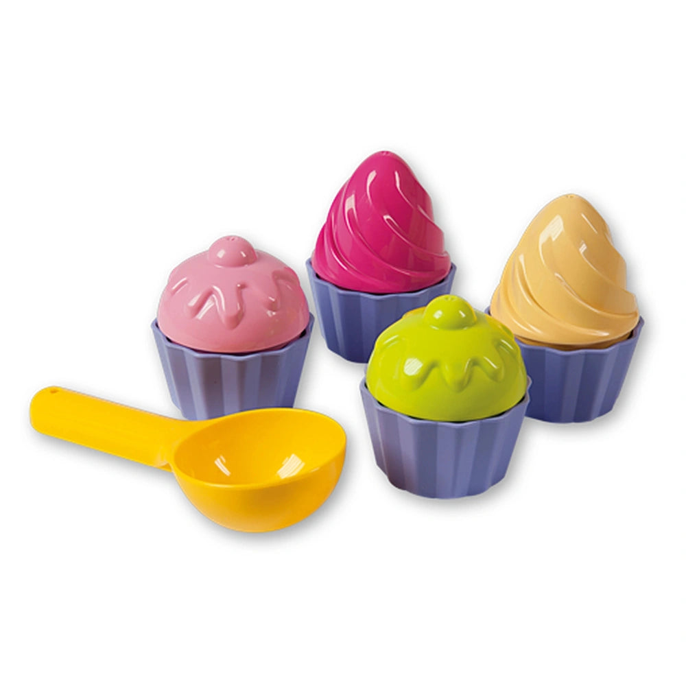 Colorful cupcake and ice cream molds with a yellow scoop, perfect for beach play.