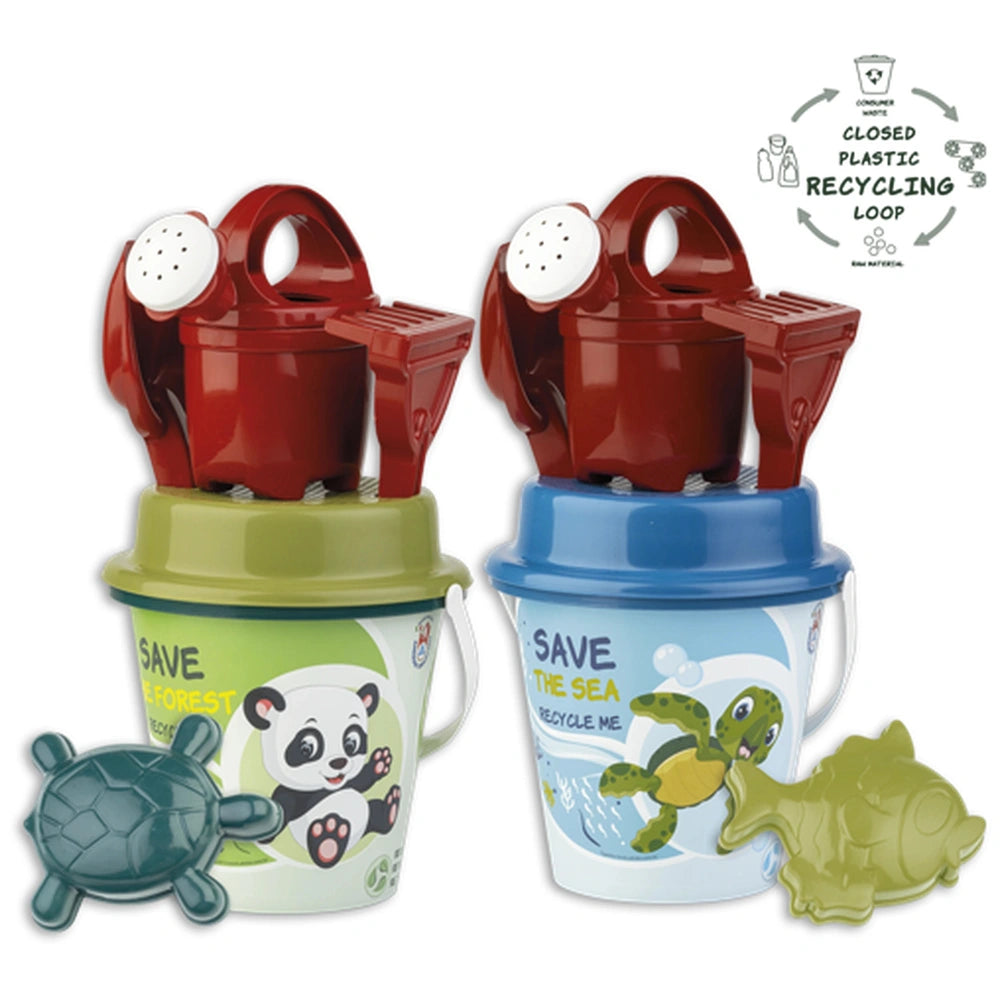 Two colorful buckets with red watering cans, panda and turtle designs, made from recycled plastic.