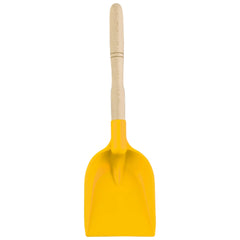 Yellow plastic shovel with sturdy wooden handle, 36 cm tall. Ideal for beach play and sandcastle building.