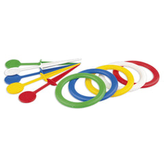 Colorful Androni ring toss game with five rings and five pegs in red, blue, yellow, green, and white.