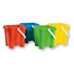 Four square-shaped beach buckets in red, blue, green, and yellow, with white handles, arranged in a row.