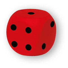 Red soft sponge dice with black dots, designed for children’s beach and sand play.