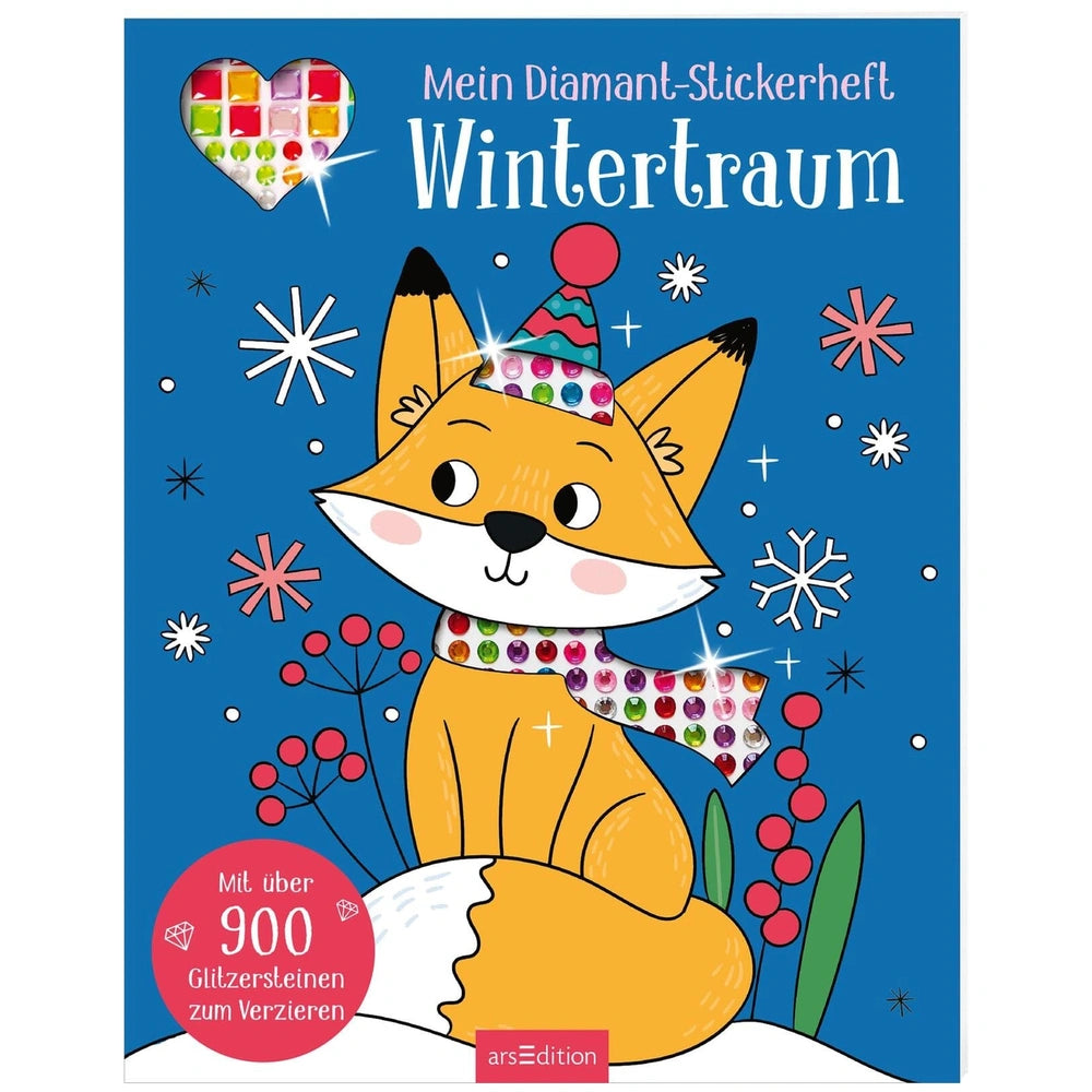ARSEDITION - Mein-Diamant-Stickerheft cover features a whimsical fox in a party hat on a snowy background, celebrating Christ