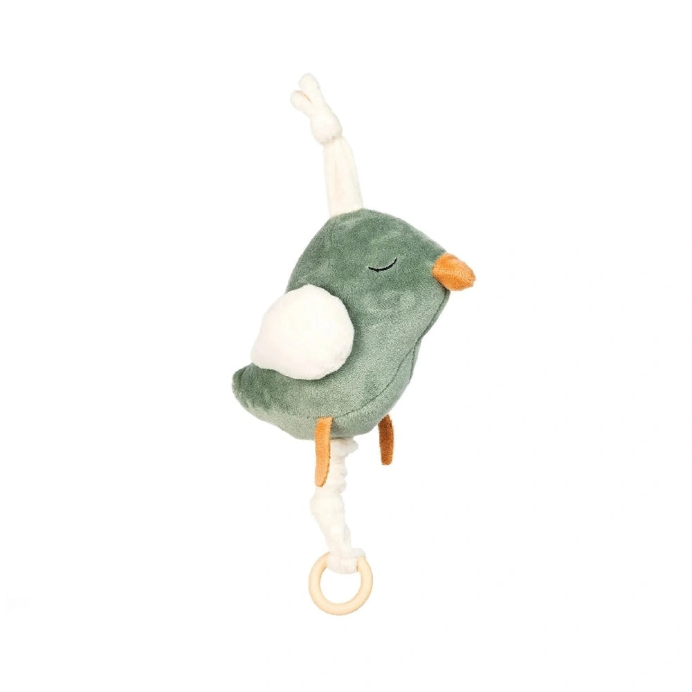 Green bird-shaped plush with white wings, orange beak, and hanging ring, designed for soothing melodies.