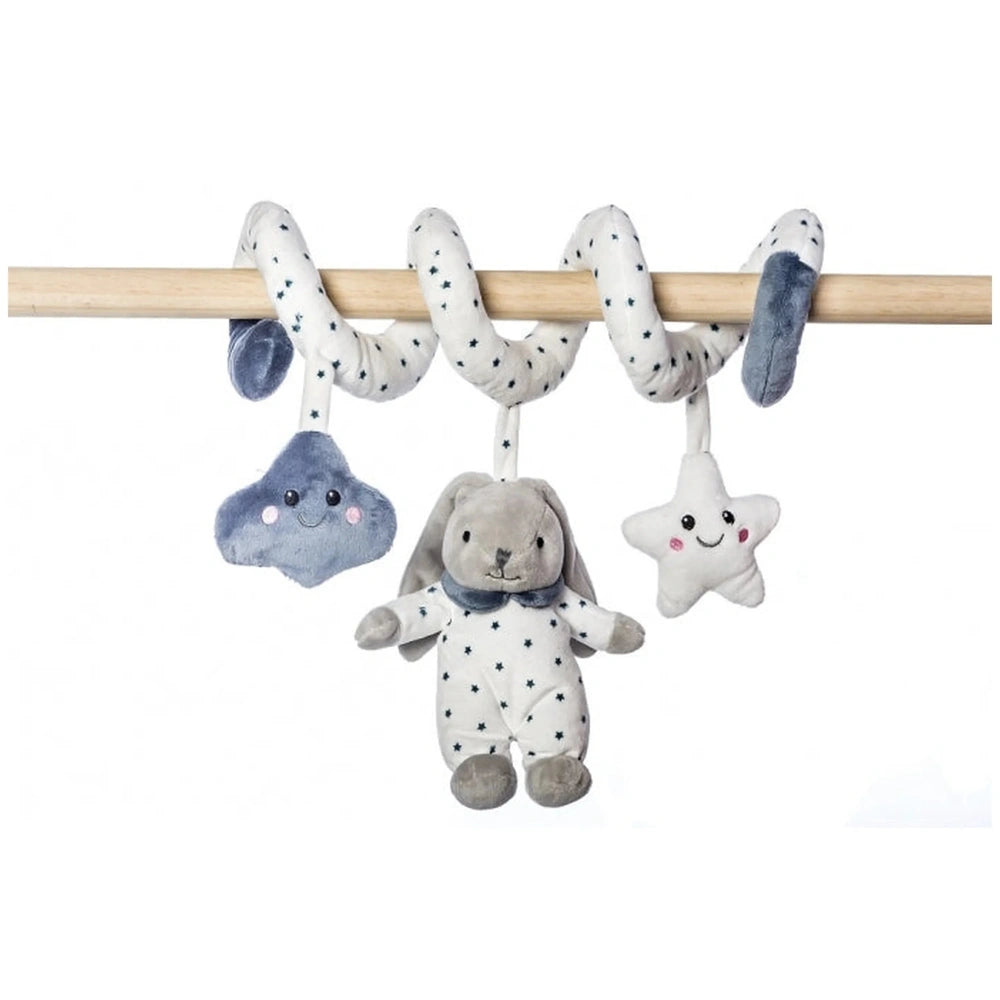 Plush spiral rattle with a gray bunny, blue cloud, and white star hanging from a wooden rod, in soft colors and textures.