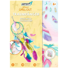 Colorful dream catcher crafting kit with vibrant feathers, beads, and rings for children aged 6+, promoting creativity and decor.