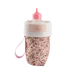 Pink floral doll bottle holder with a pink cap and ribbon loop.