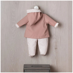 ASI Dolls outfit features a pink hooded jacket with white trim, displayed on a hanger against a neutral wall.
