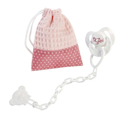 Pink pacifier with "Asi" logo and pink-white star storage bag, ideal accessory for Asi dolls.