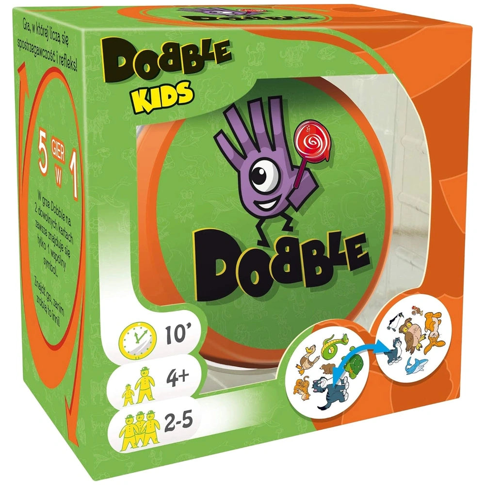 ASMODEE Dobble Kids Card Game box features a colorful design with a cartoon character, clock face, and age recommendations for children.
