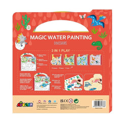 Magic Water Painting Dinosaur craft kit packaging in glossy red cardboard, featuring dinosaur illustrations and age recommendation 6+.