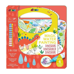 Avenir Magic Water Painting Dinosaurs arts and crafts set showcases vibrant red packaging with a clear window revealing various painting supplies.