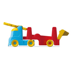 Baby Clementoni 2 In 1 Tumbling Cars Transporter features a vibrant red toy train with a blue caboose and yellow wheels.