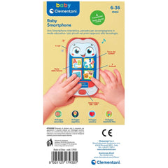Baby smartphone toy in red with colorful icons held by a child's hands against a solid yellow background.