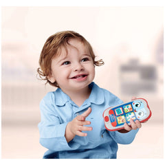 Baby Clementoni smartphone toy in a child's right hand, with a smiling young child in a blue shirt and curly hair.