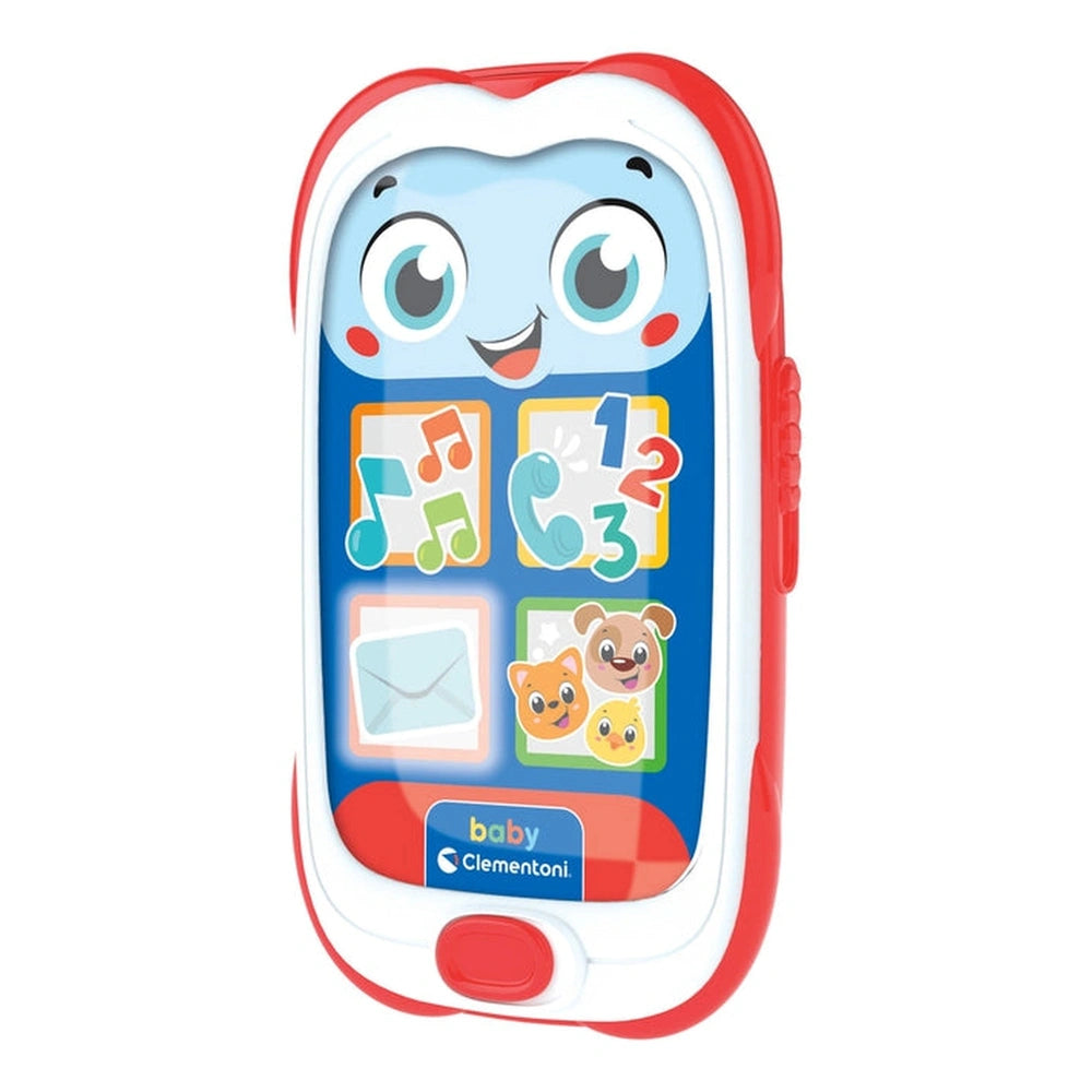 Baby smartphone toy features a colorful screen with icons, a glossy plastic finish, and a red button for young children.