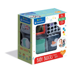 Baby Clementoni soft activity blocks in colorful packaging featuring various shapes and a clear plastic window.