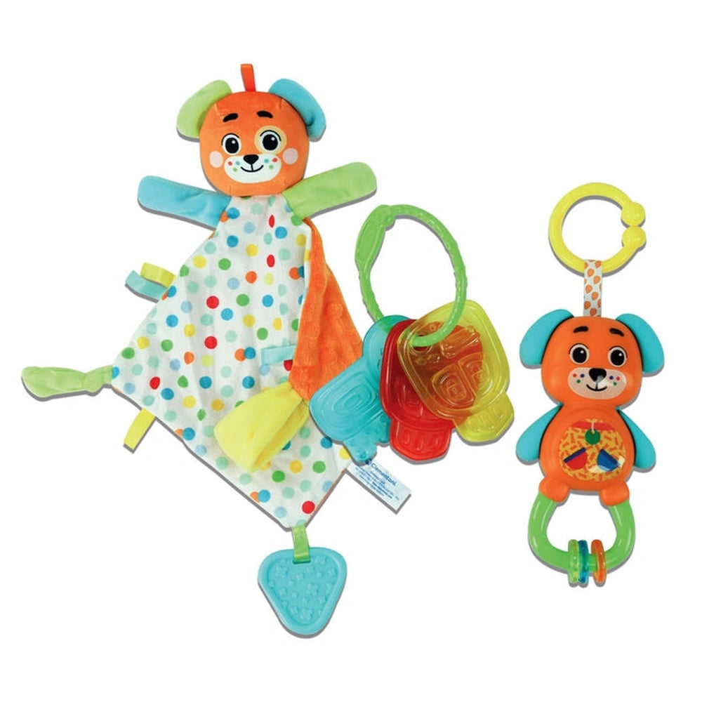 Doudou Baby Gift Set features a plush puppy and a rattle, both in orange and white with blue and green accents.
