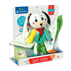 Baby Clementoni Doudou Sweet Bunny Comforter is a cuddly plush toy with a smiling face, colorful accents, and a soft texture.