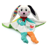 Baby Clementoni Doudou Sweet Bunny Comforter features a white plush bunny with rainbow ears, orange feet, and a red scarf.