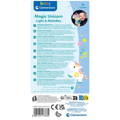 Baby Clementoni Magic Unicorn Light & Melodies features a colorful label with a cartoon unicorn and vibrant design elements.