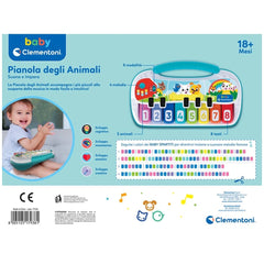 Baby Clementoni musical toy resembling a grand piano features colorful keys, buttons, and a smiling face on a blue background