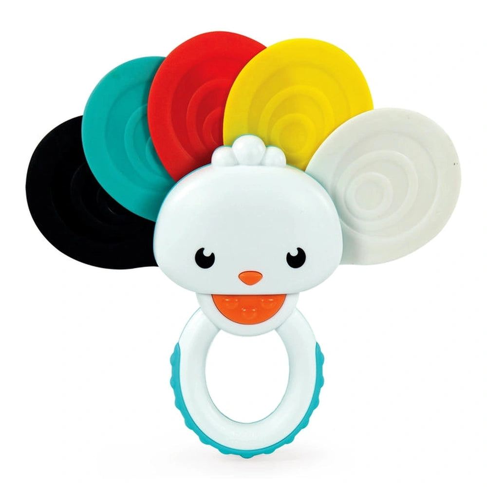Baby Clementoni Rainbow Peacock Rattle features colorful stacking rings in a circular arrangement with a central textured tee