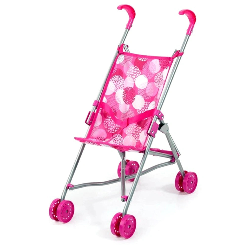 BAYER DESIGN Buggy Doll's Stroller features a pink seat, handle, and wheels with white circles, and a silver frame.