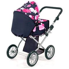 BAYER DESIGN City Star Dolls Stroller features a shiny metallic frame, pink and white patterned seat, dark canopy, and black