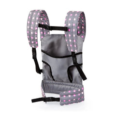 BAYER DESIGN gray and pink polka dot doll carrier features multiple zippers, pockets, and adjustable black straps for conveni