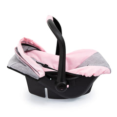 BAYER DESIGN Doll Deluxe Car Seat features a pink seat cushion, black frame, canopy, five-point harness, and storage basket.