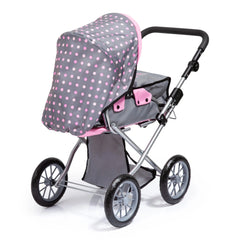 BAYER DESIGN Dolls Pram City Star features a pink polka dot fabric seat, black metal frame, and shiny black wheels.
