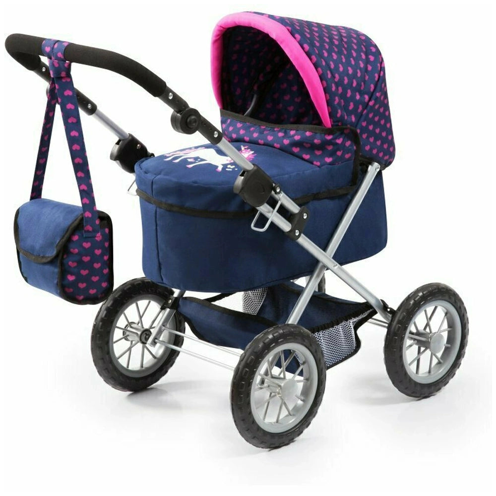 BAYER DESIGN dolls pram in unicorn theme features a silver frame, dark blue seat, light blue canopy, and pink heart patterns.
