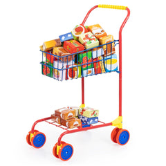 BAYER DESIGN shopping cart in red plastic with blue wheels, holding colorful food packages and featuring a yellow handle.