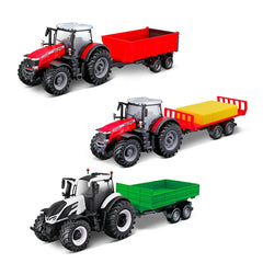 black and red die-cast metal tractor with a plastic red and yellow trailer, featuring black tires and multiple black componen