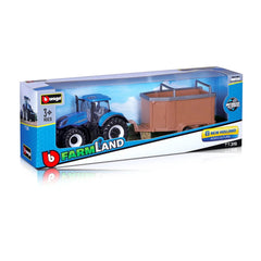 BBURAGO Farm Tractors with Trailer, 10 cm die-cast metal, in blue and white packaging featuring "New Holland" and "Agricultur