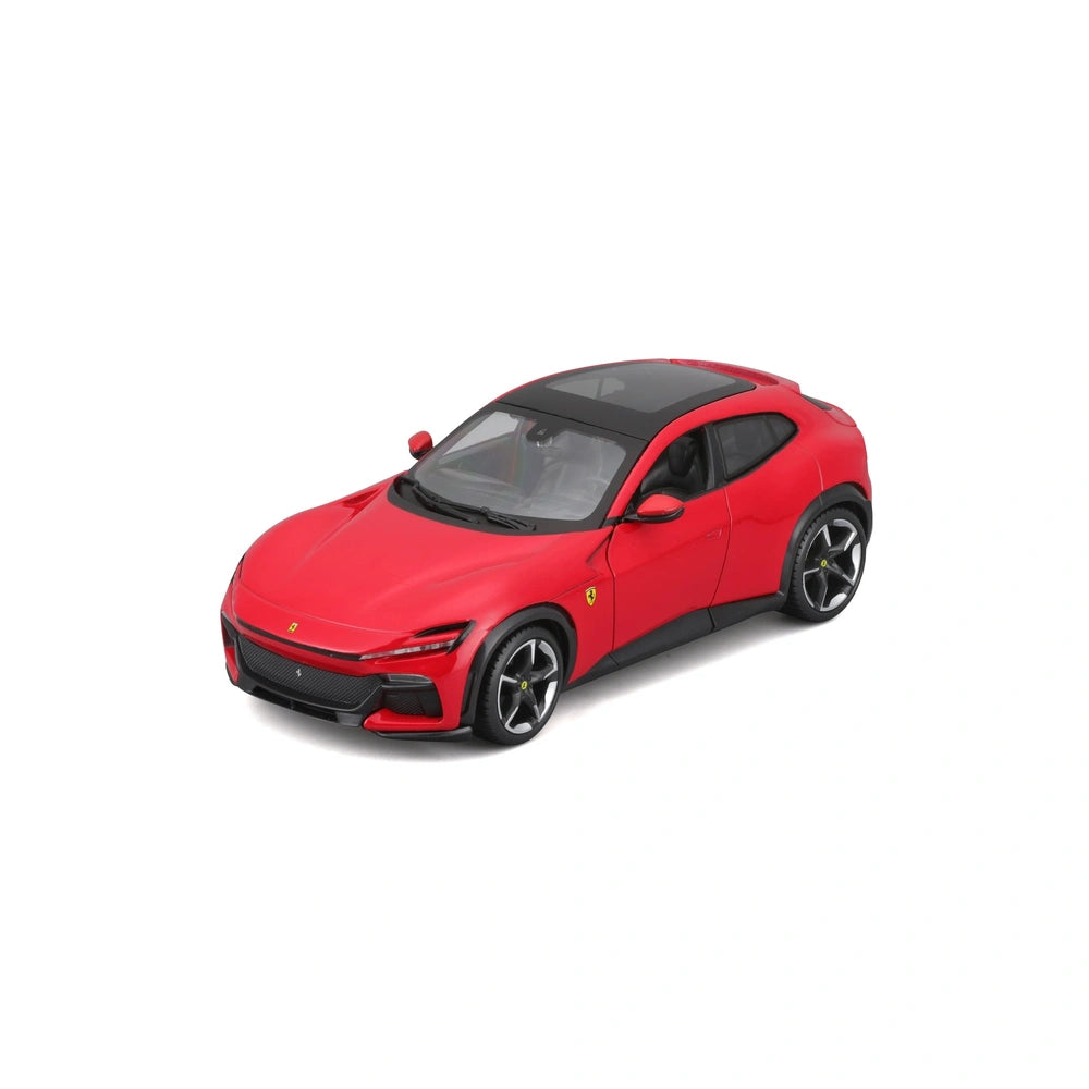Ferrari Purosangue 1:24 die-cast vehicle in glossy red with black roof, featuring multiple visible emblems and transparent wi