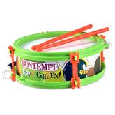 Bontempi marching drum in green plastic with red handles, sticks, and "BONTEMPI PLAY GREEN!" text featuring a yellow bee.