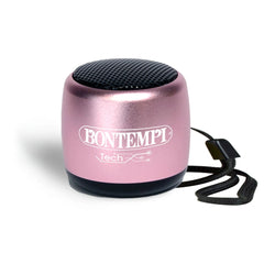 Bontempi Mini Wireless Speakers with a metallic pink surface, black base, and cord, featuring "BONTEMPI TECH" text.