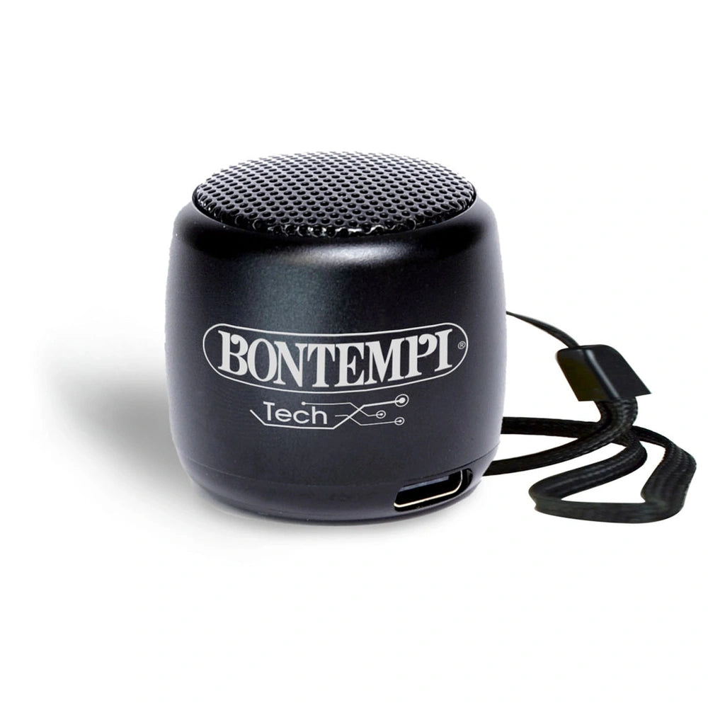 Bontempi Mini Wireless Speakers in black rubberized material, featuring a front speaker grille, USB cable, and power button.