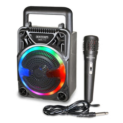 Bontempi wireless speaker with microphone features a black plastic casing, clear window, and RGB lights for vibrant performan