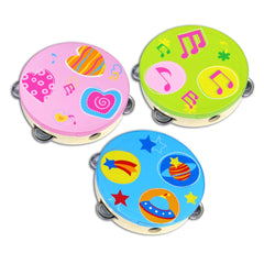 Bontempi wooden tambourine with three colorful circular objects featuring star and musical note designs.