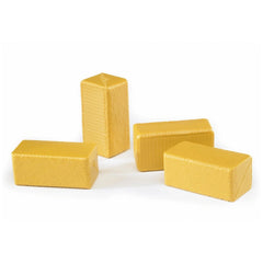 Four rectangular yellow hay bales, textured for realism, arranged on a white surface, part of the Bruder farm toy set.