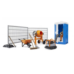 Bruder bworld Construction Set with fences, wheelbarrow, orange mixer, tools, vibrating plate, and portable toilet.