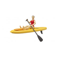 Lifeguard figure on a yellow stand-up paddleboard holding a paddle, wearing a red swimsuit.